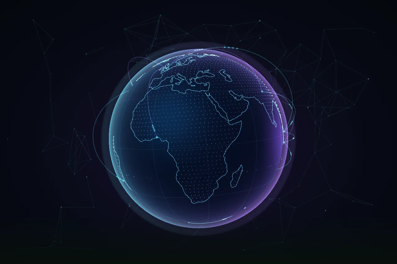 Globe tiga dimensi yang berputar dengan jalur koneksi dan partikel bercahaya dalam dunia Web3 gelap.